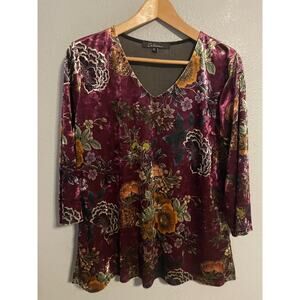 Calessa Tunic Top Womens PL Purple Floral Crushed Velvet 3/4 Sleeve Stretch Boho